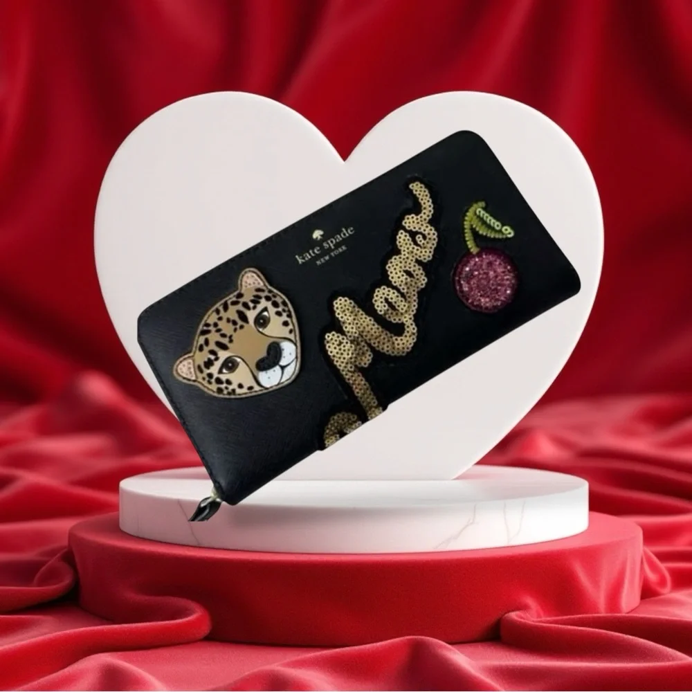 Kate spade‎ meow cat tiger long wallet glitter sequins embroidered novelty